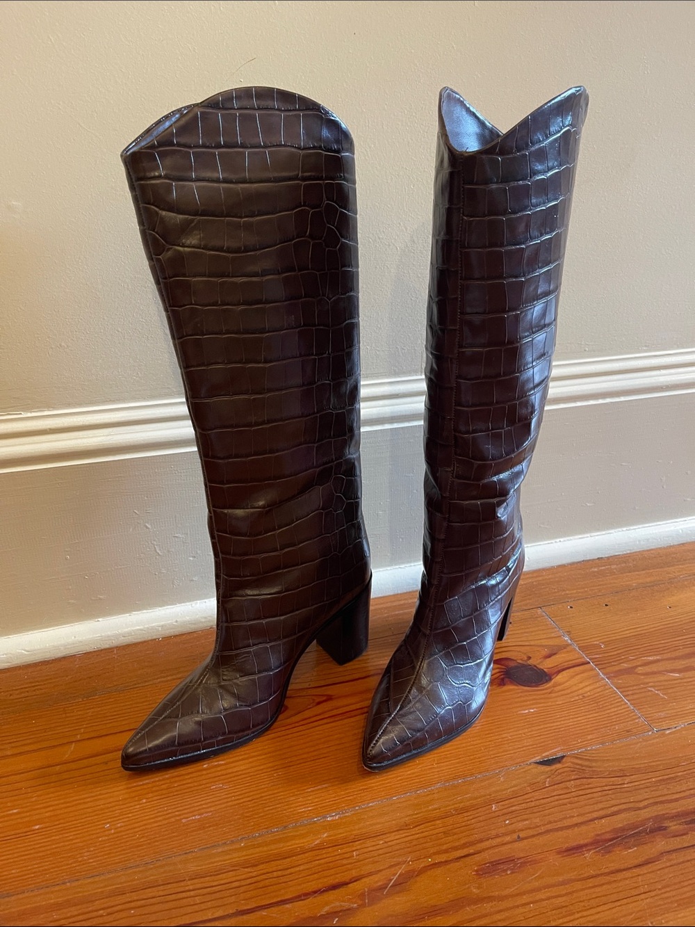 SCHUTZ Croc-Embossed Over-the-Knee Boots in Dark Brown